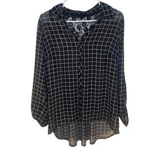 Black and White Grid Pattern Women's Sheer‎ Top Lace Detail Black White SZ L